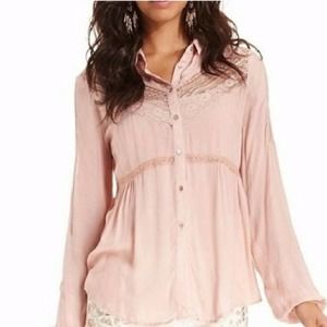 Free People Wild Wind Pink Button Down Lace Tunic Size Woman's Medium